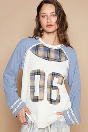 Light Blue POL Plaid Number 06 Raglan Sleeve T-Shirt | T-Shirts Daverri Fashions