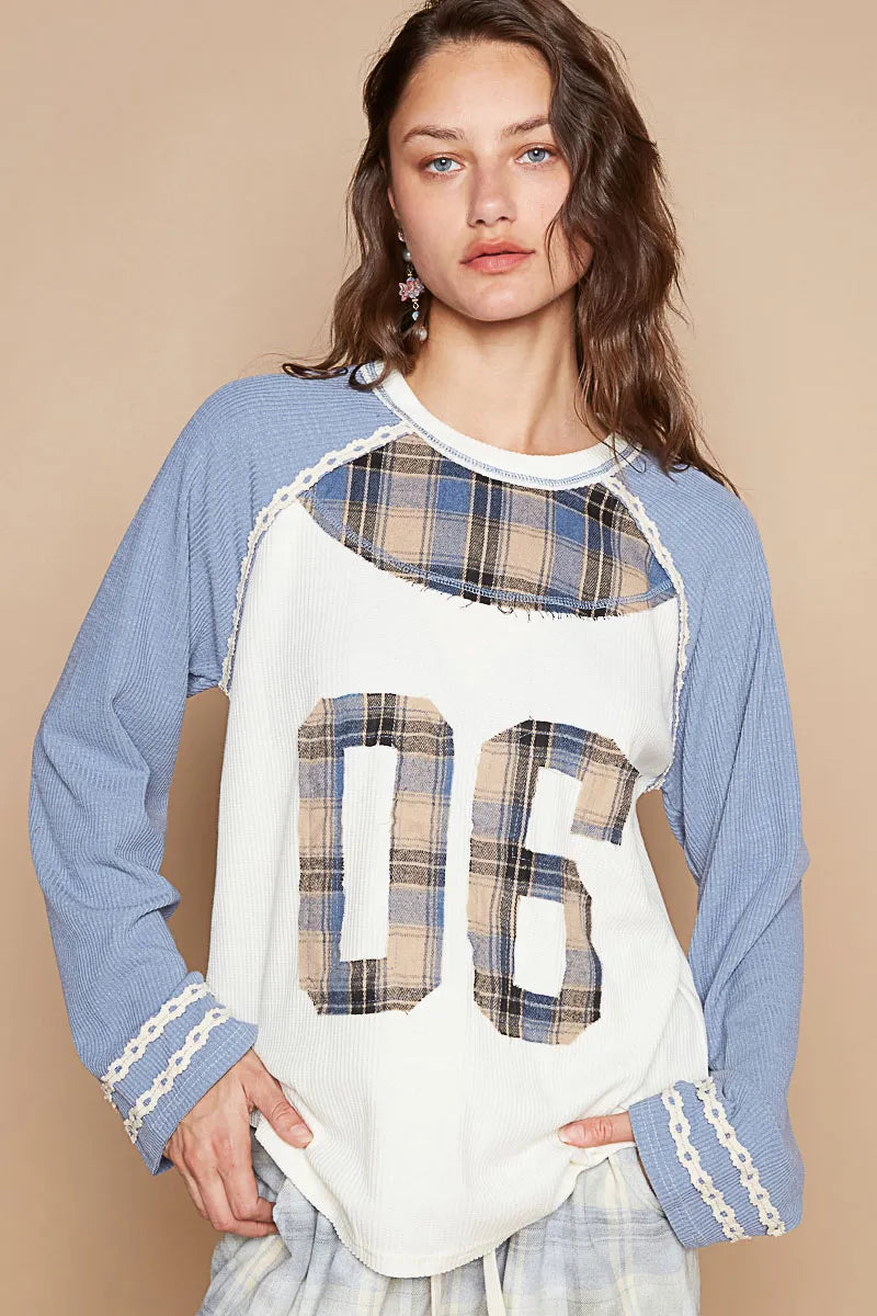 POL Plaid Number 06 Raglan Sleeve T-Shirt Light Blue T-Shirts
