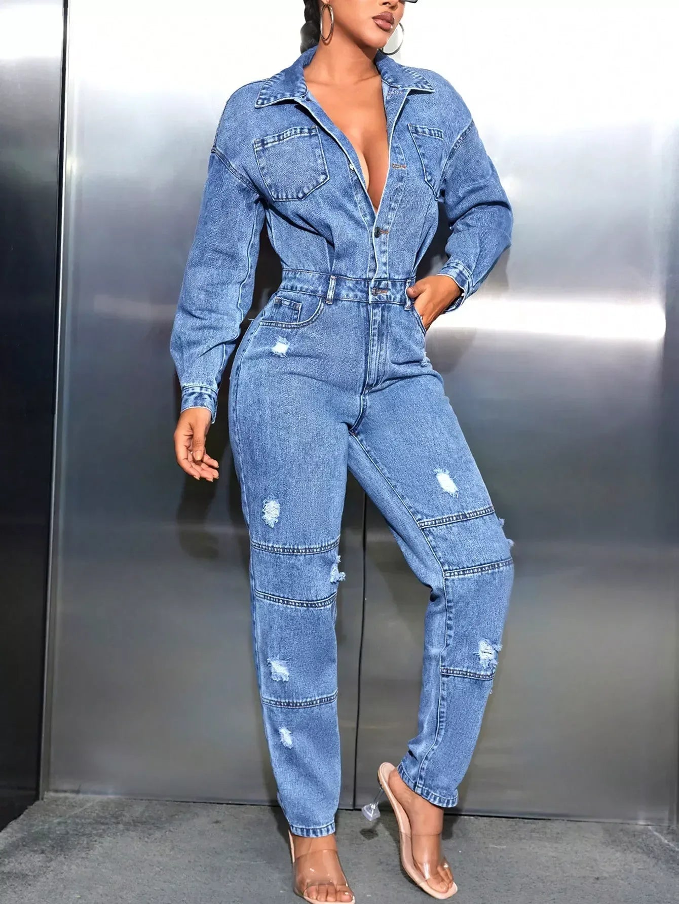 Distressed Long Sleeve Denim Jumpsuit - DAVERRI FASHIONS