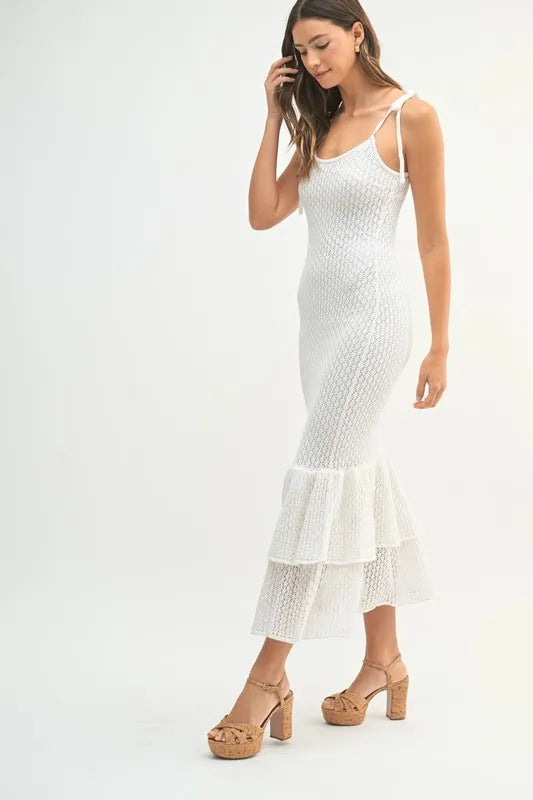 MABLE Sleeveless Shoulder Tie Rose Knit Midi Dress