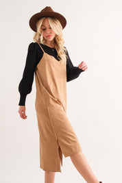 And The Why Faux Suede Cut Edge Slit Cami Midi Dress | Daverri Fashions