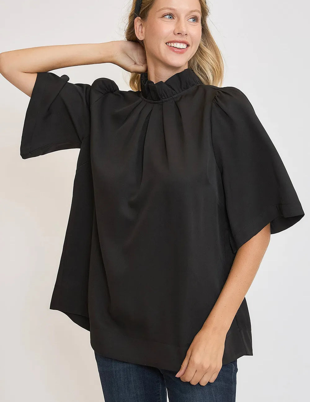 Black Umgee Bow Tie Back Mock Neck Half Sleeve Blouse | Daverri Fashions