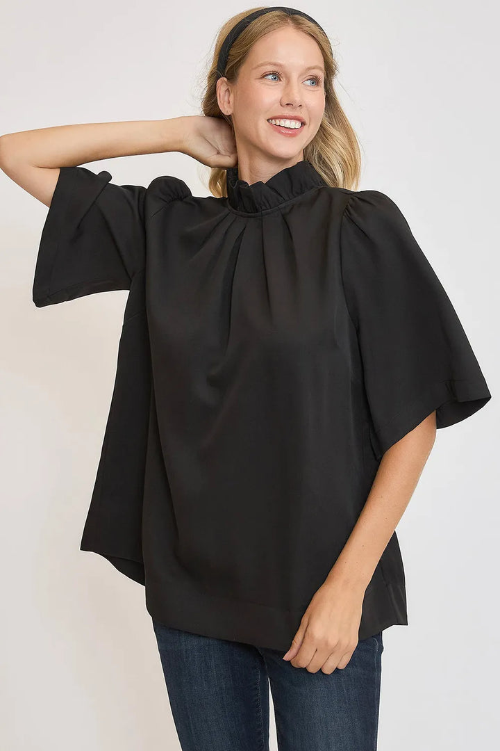 Umgee Bow Tie Back Mock Neck Half Sleeve Blouse Black