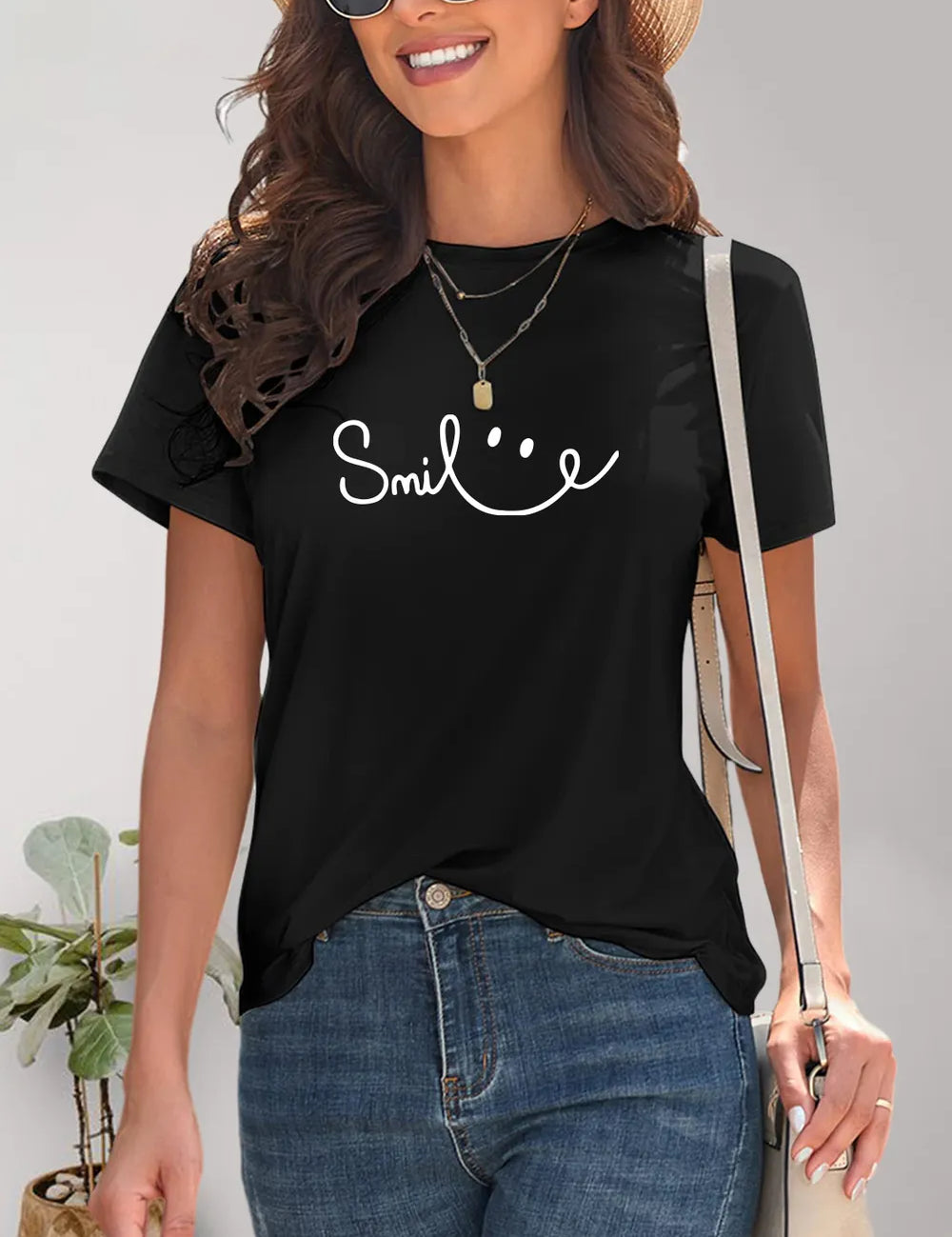 Black SMILE Round Neck T-Shirt with smiley face design