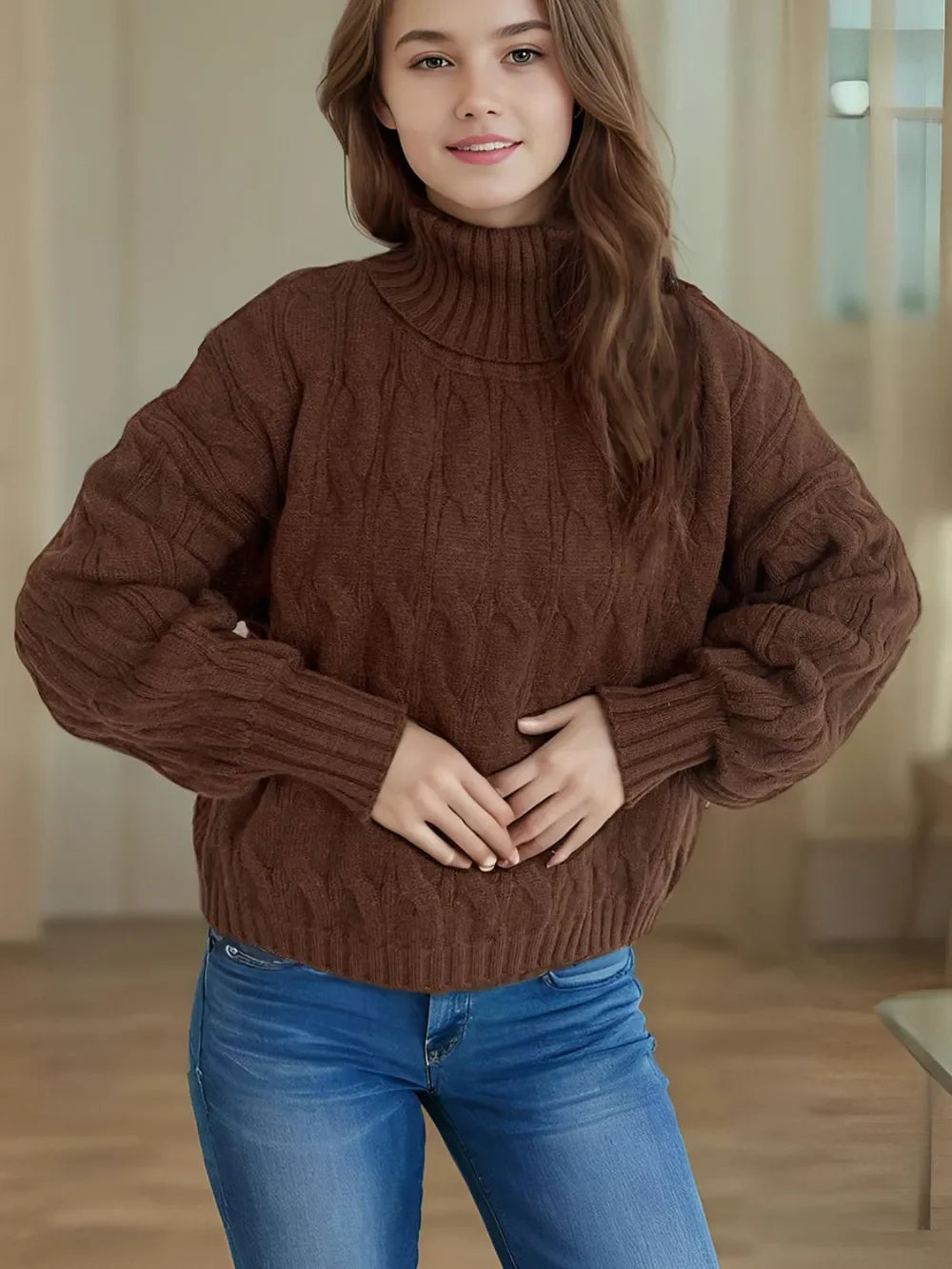 Brown cable-knit turtleneck sweater with chunky knit and balloon sleeves