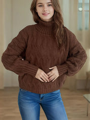 Brown cable-knit turtleneck sweater with chunky knit and balloon sleeves