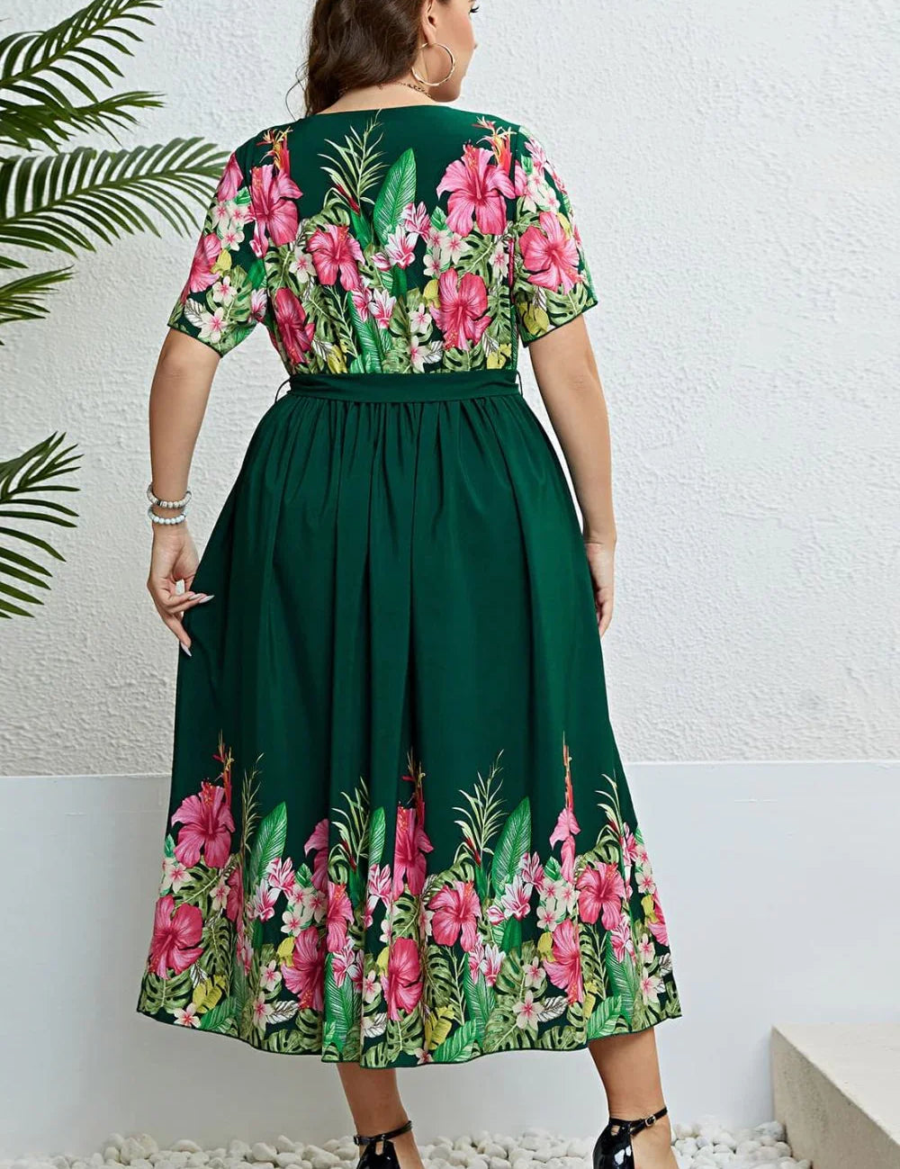 Green floral plus size Honey Floral Tie-Waist dress with satin skirt