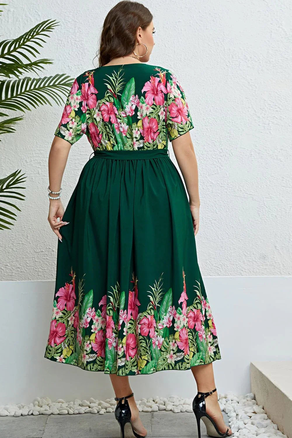 Green floral plus size Honey Floral Tie-Waist dress with satin skirt