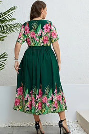 Green floral plus size Honey Floral Tie-Waist dress with satin skirt