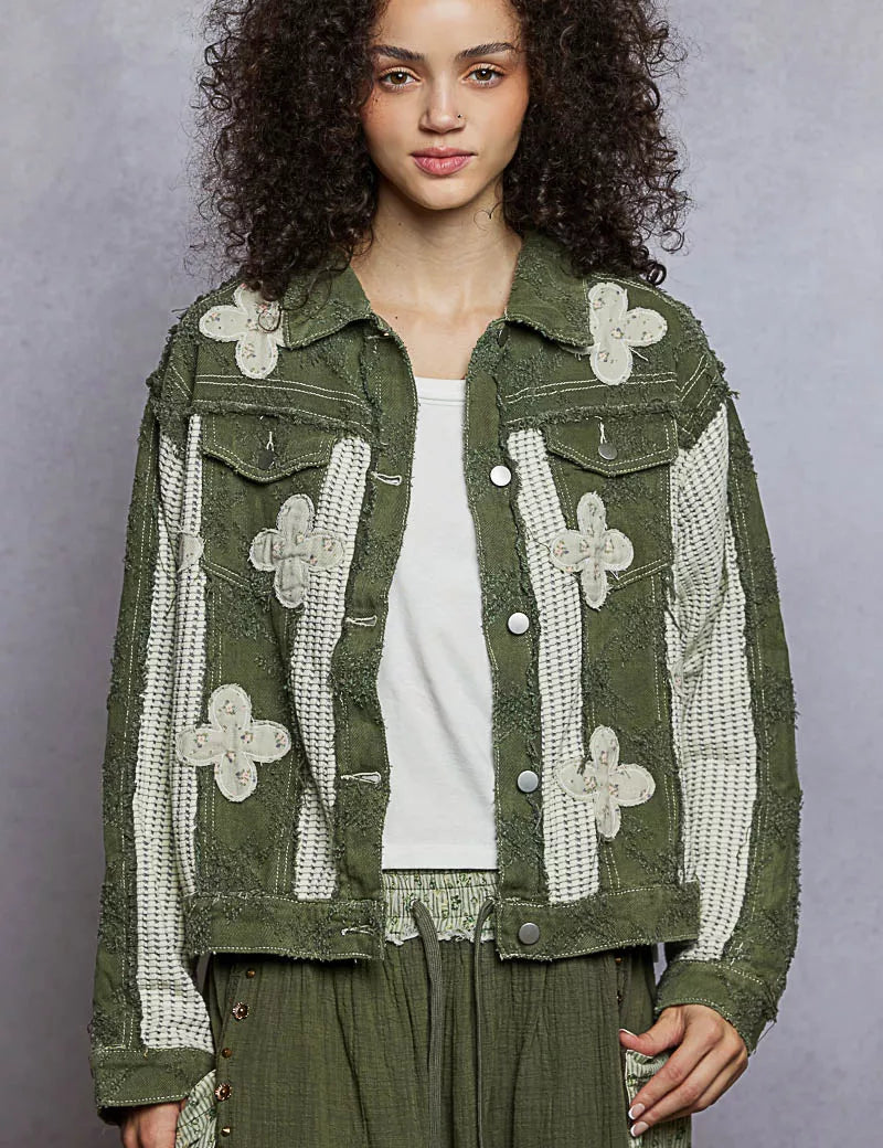 OLIVE MULTI POL Button Down Raw Hem Jacket with Floral Patch | Jackets Daverri Fashions
