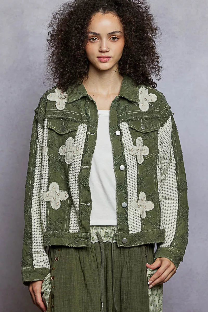 OLIVE MULTI POL Button Down Raw Hem Jacket with Floral Patch | Jackets Daverri Fashions