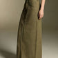 Olive green high-waist wide-leg raw hem maxi denim skirt front zipper