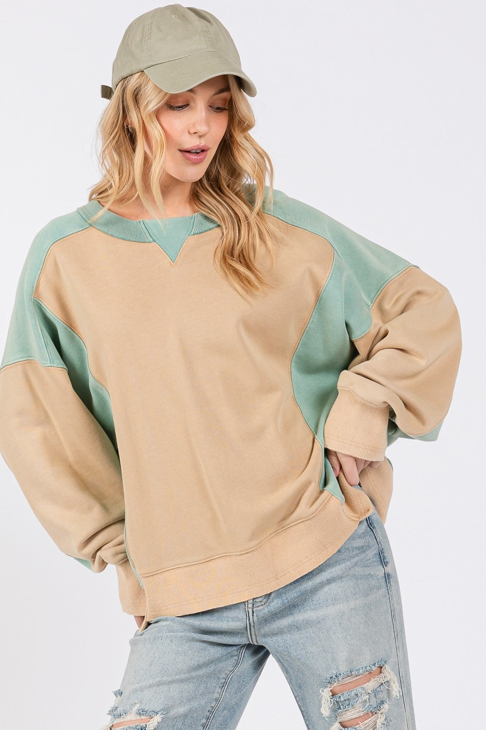 SAGE + FIG Color Block Round Neck Sweatshirt