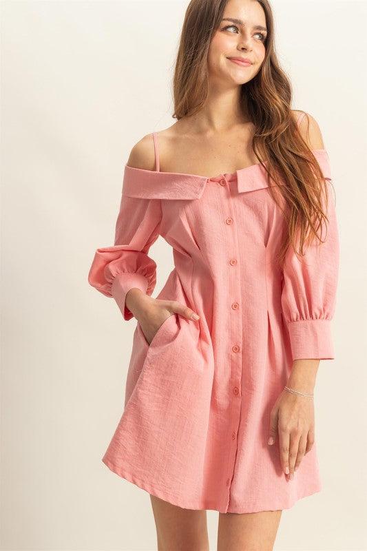 HYFVE Button Down Spaghetti Strap Mini Dress with Pockets Coral S Mini Dresses