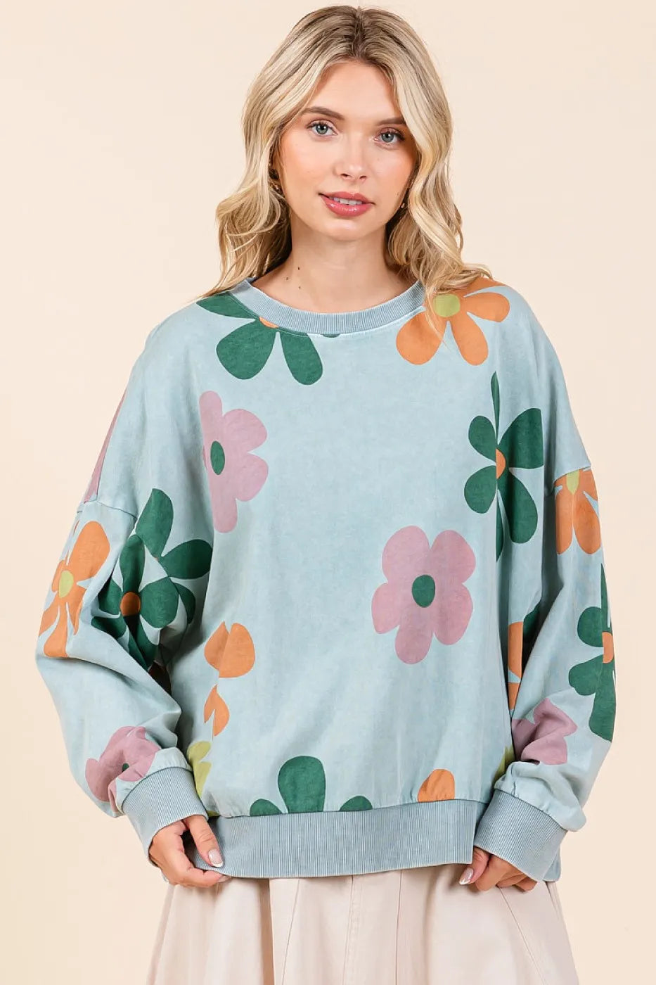 Mittoshop Mineral Wash Flower Print French Terry Sweatshirt BLUE HAZE Sweatshirts