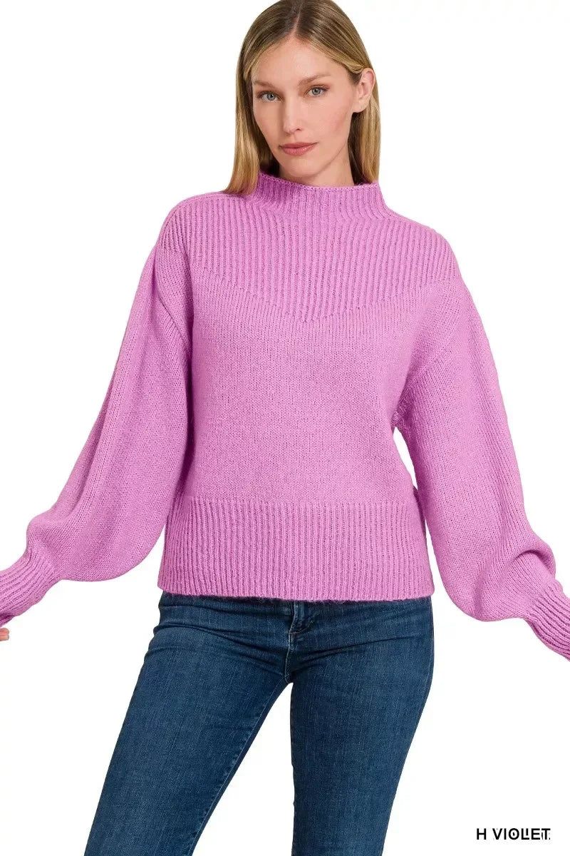 Zenana Balloon Sleeve Mock Neck Sweater Mauve - DAVERRI FASHIONS
