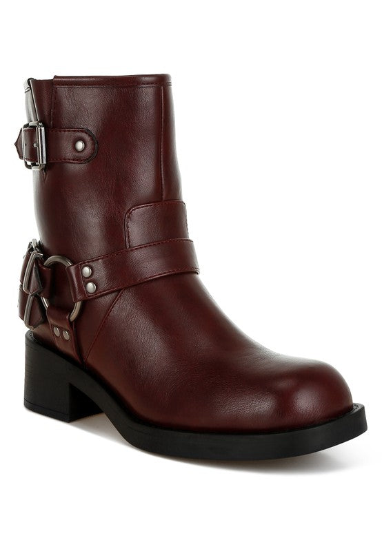 Burgundy Caribou Harness Detail Biker Boots | Boots Daverri Fashions