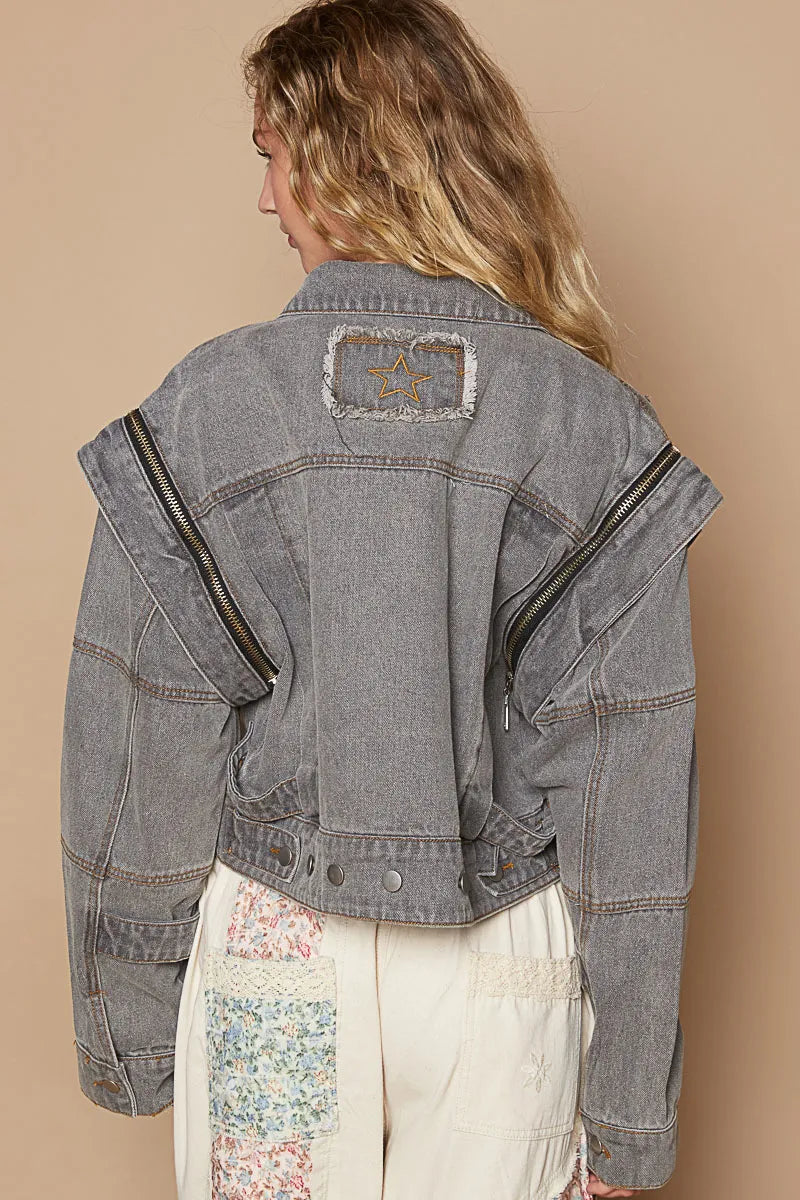 POL Cropped Denim Jacket with Functional Zipper Detail Jackets