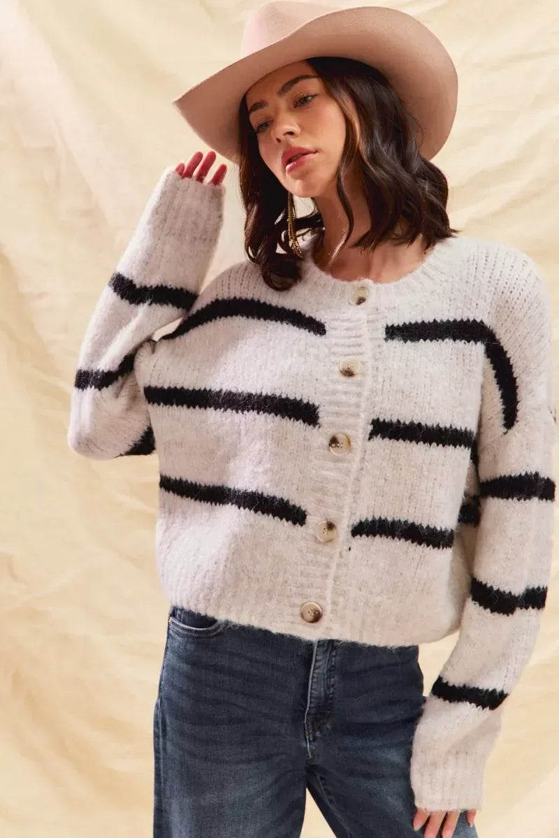 SO ME Stripe Soft Touch Button Cozy Sweater Cardigan - DAVERRI FASHIONS