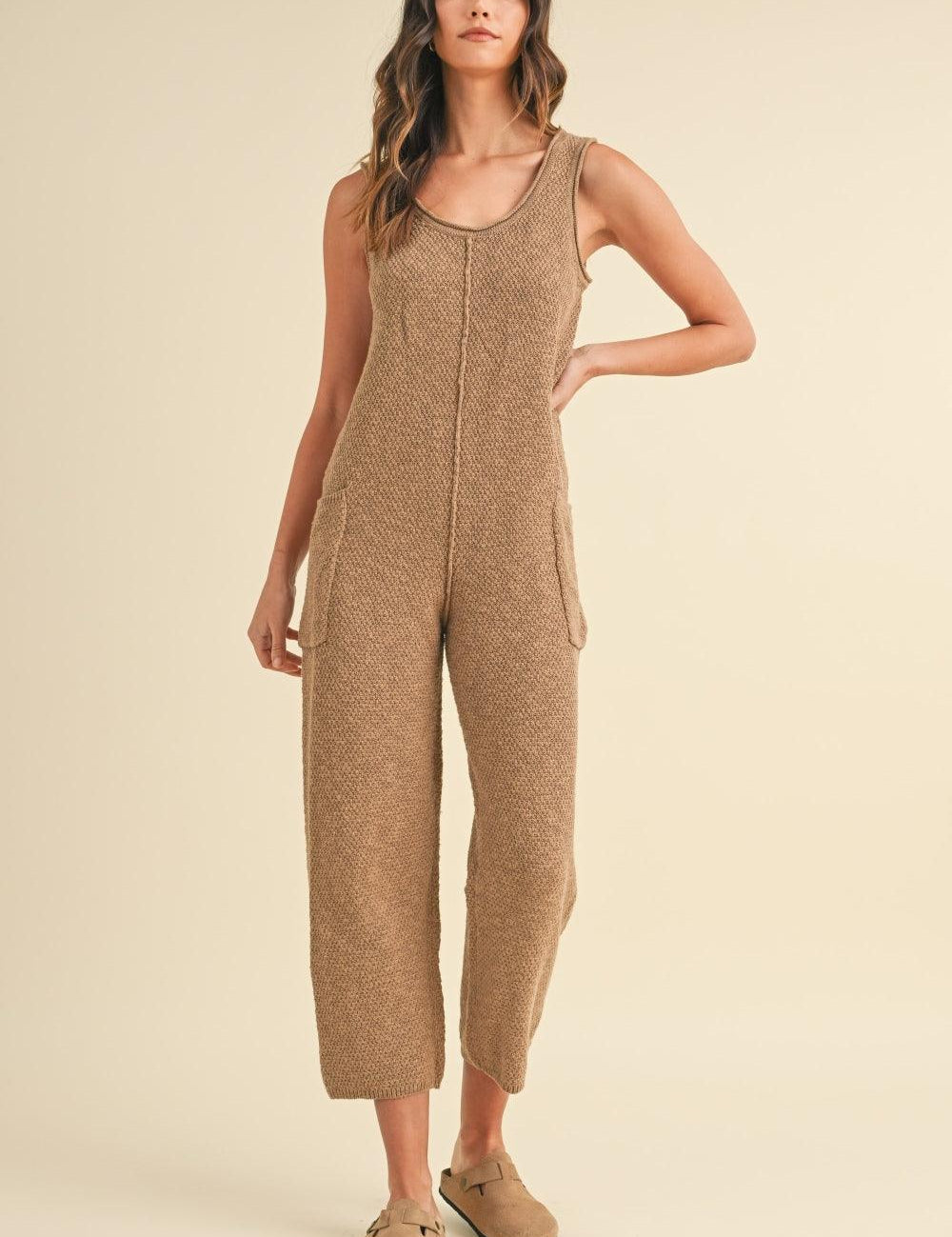 Mocha S MABLE Sleeveless Knit Crop Jumpsuit with Pockets | Daverri Fashions