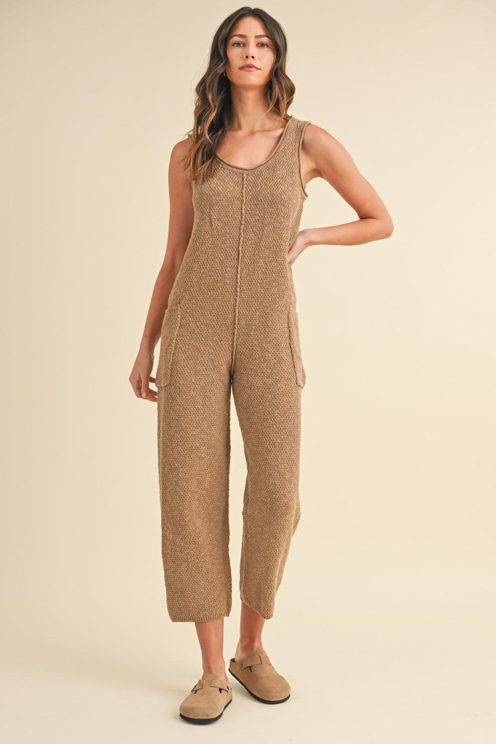 MABLE Sleeveless Knit Crop Jumpsuit with Pockets Mocha S
