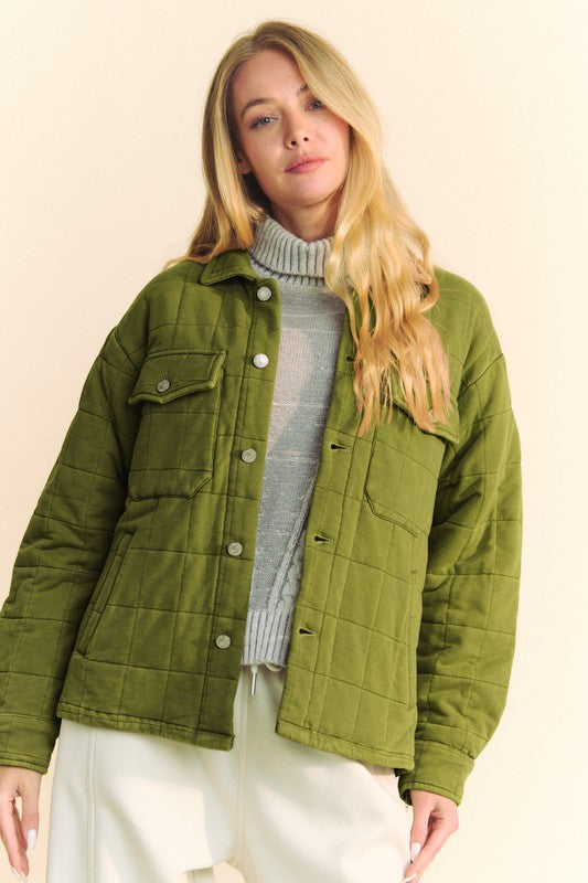 Davi & Dani Quilted Button Down Shacket with Chest Pockets Yellow-Green