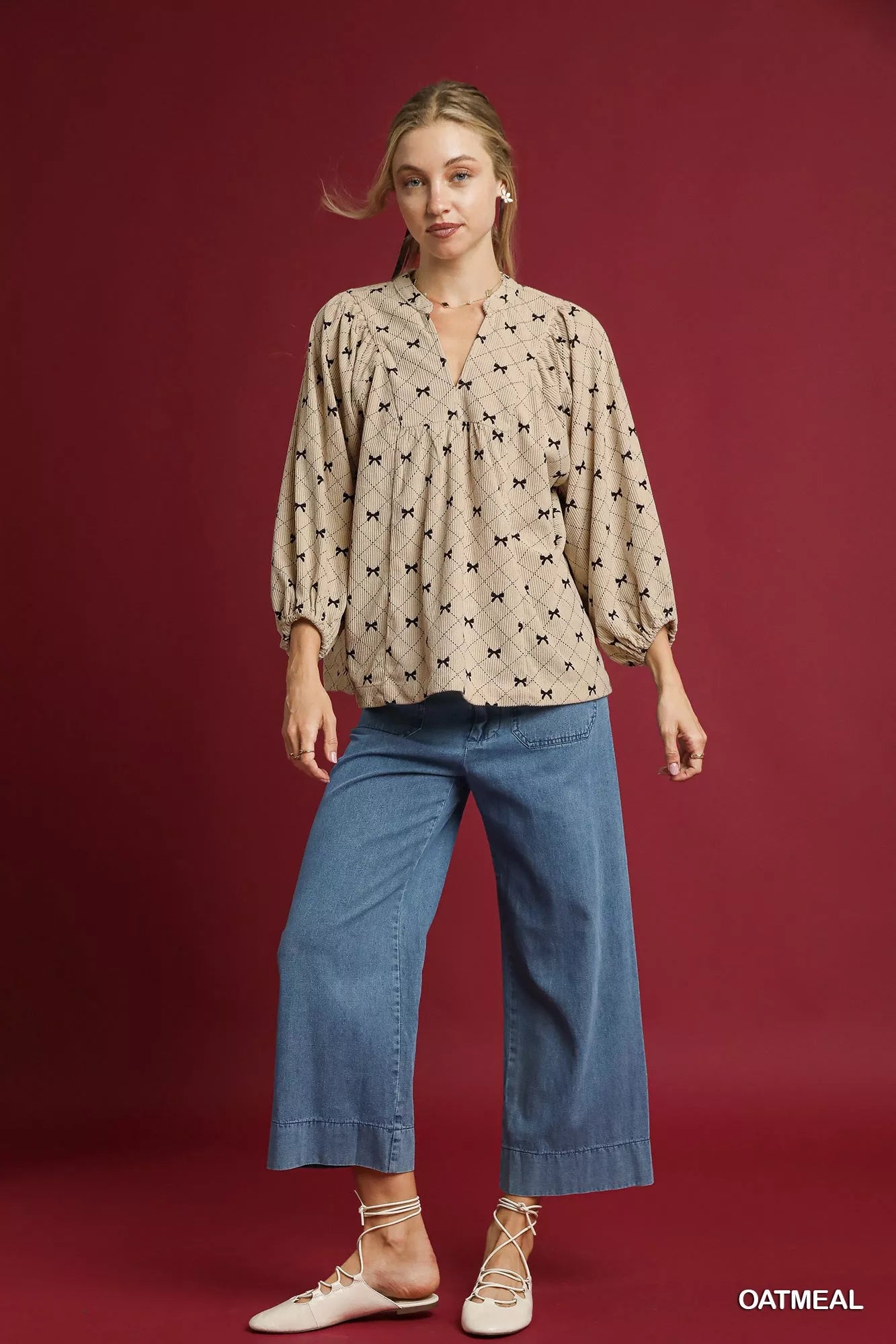 Umgee Corduroy Bow Print Balloon Sleeve Blouse | Blouses Daverri Fashions