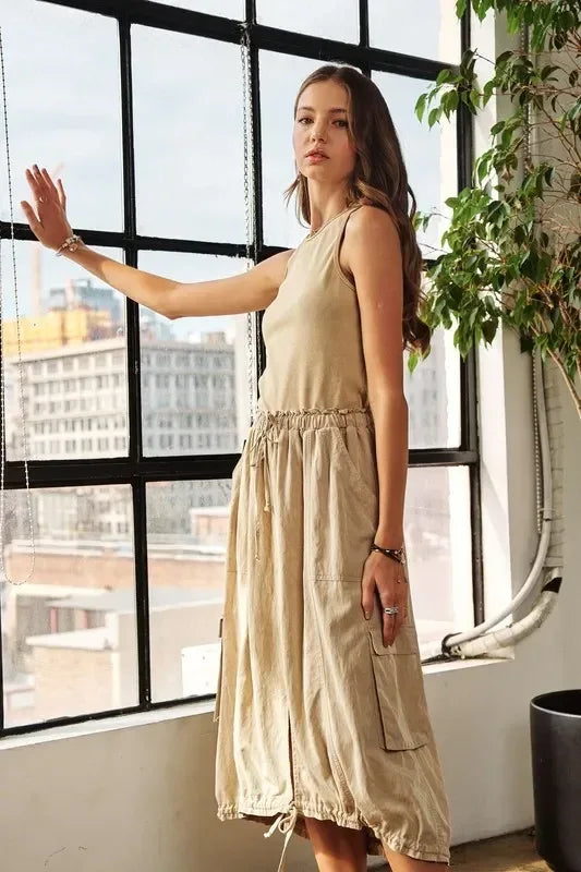 ADORA Drawstring Sleeveless Washed Dress - DAVERRI FASHIONS