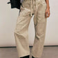 Daverri Washed Relaxed Fit Barrel Jeans in beige with patch pockets and drawstring waistband