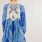 Blue printed tie neck long sleeve boho mini dress with floral back