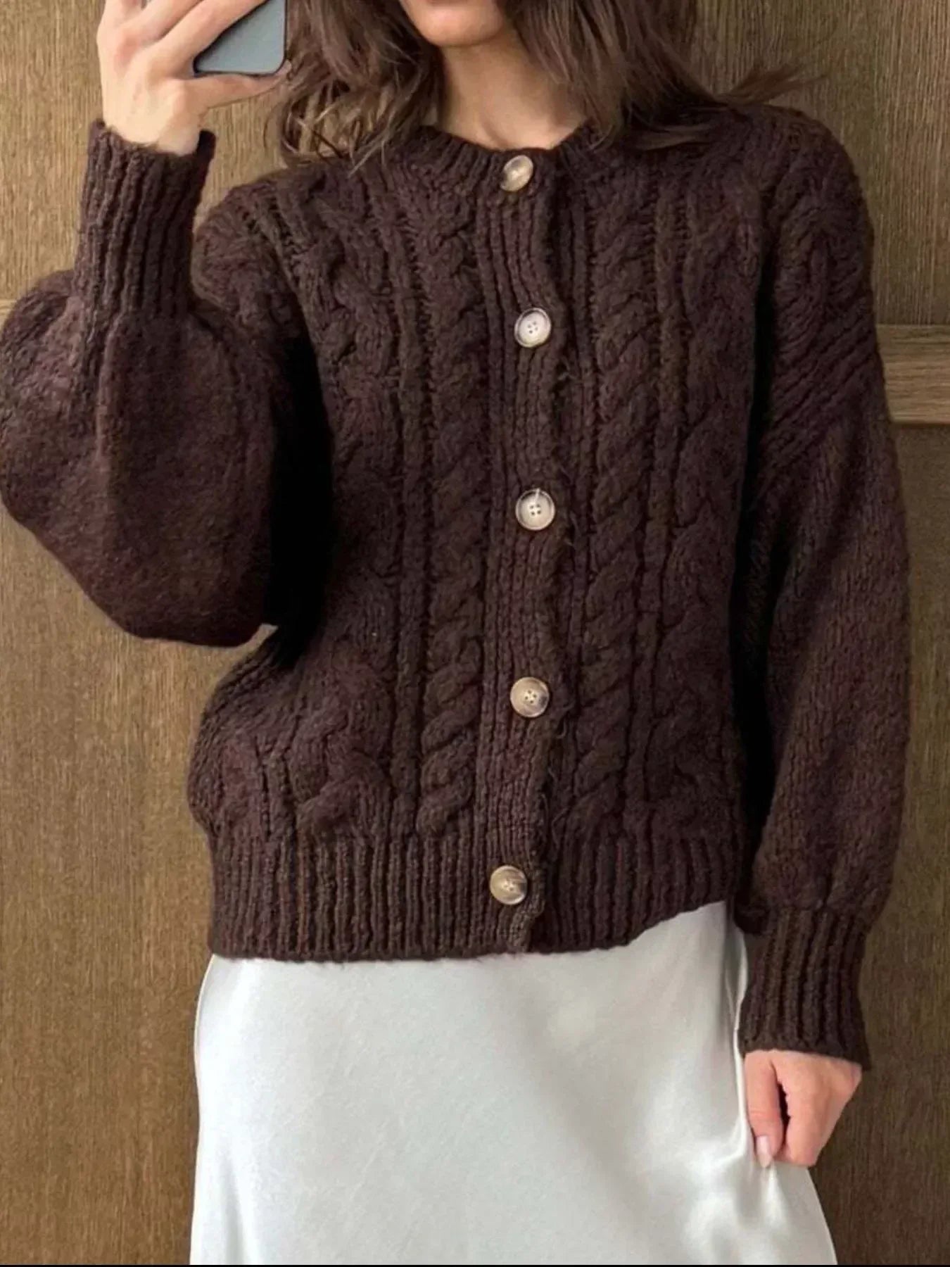 Cable Knit Button-Down Cardigan - DAVERRI FASHIONS