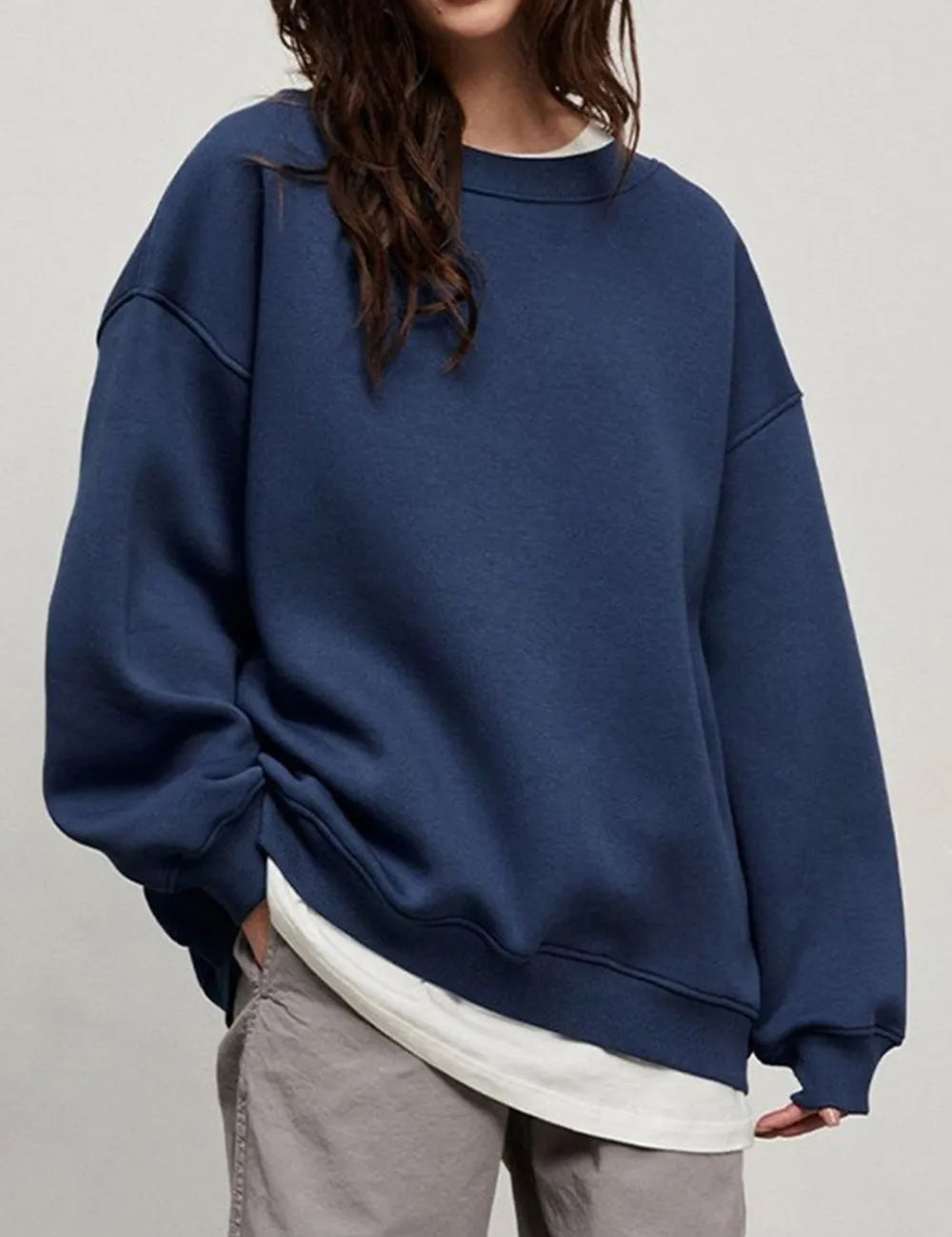Dark Blue Round Neck Dropped Shoulder Long Sleeve Sweatshirt | Sweatshirts Daverri Fashions