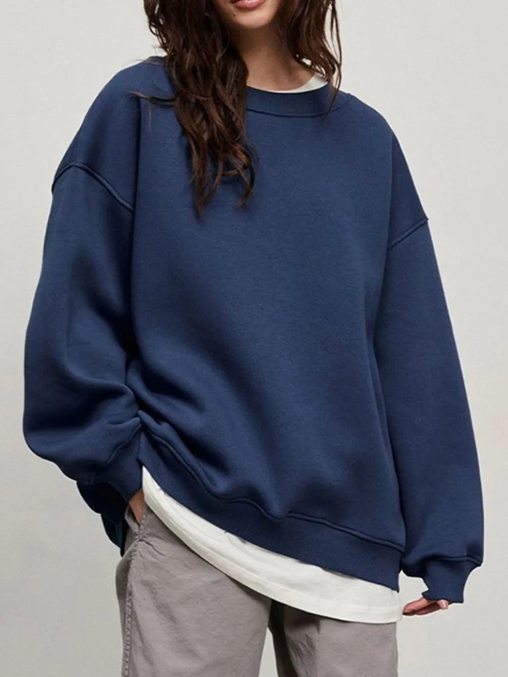 Dark Blue Round Neck Dropped Shoulder Long Sleeve Sweatshirt | Sweatshirts Daverri Fashions