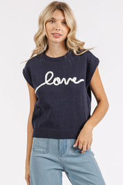 Mittoshop Contrast Letter Round Neck Cap Sleeve Knit Top Dark Navy