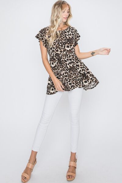 Heimish Full Size Leopard Round Neck Short Sleeve Blouse Plus Size