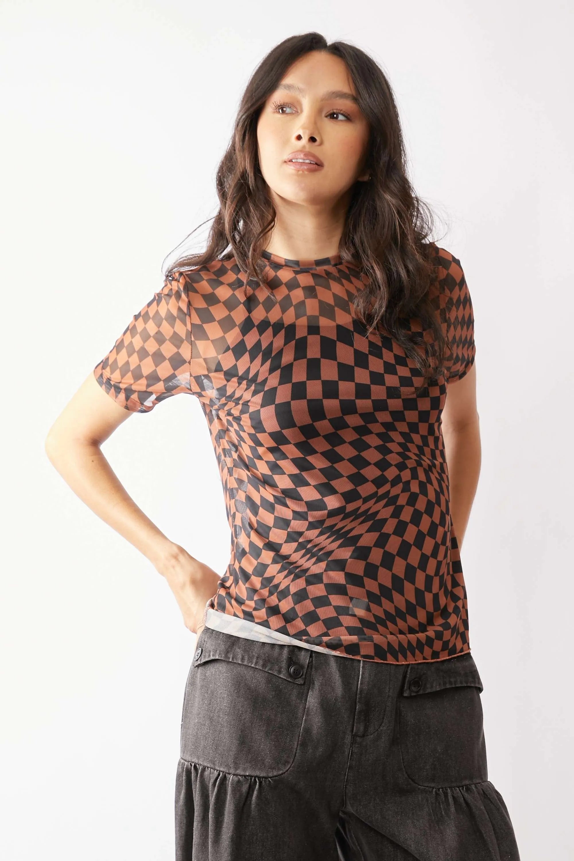 Davi & Dani sheer short-sleeve top in black rust checkerboard mesh