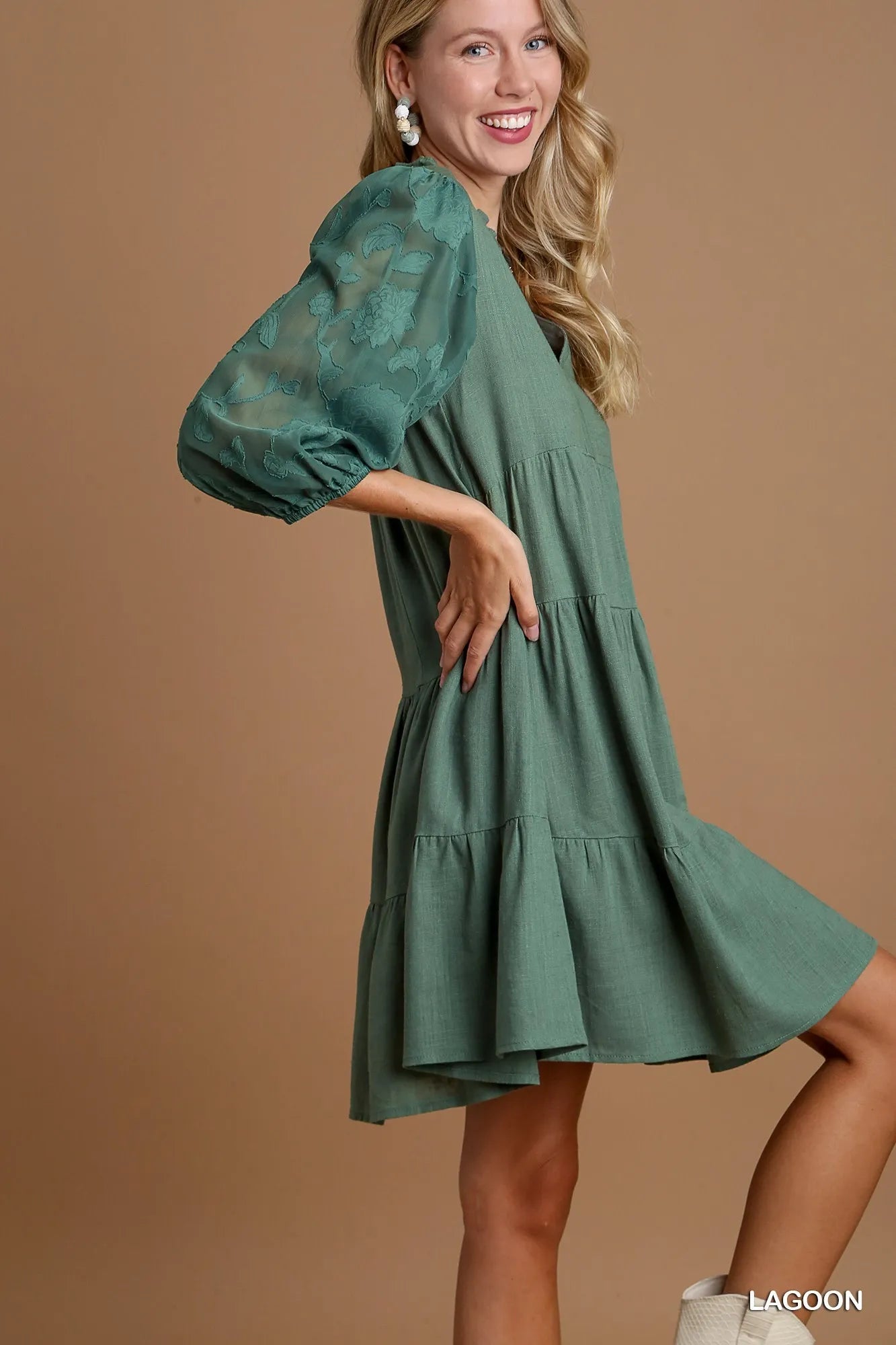 Umgee Floral Contrast Sleeve Tiered Dress | Daverri Fashions