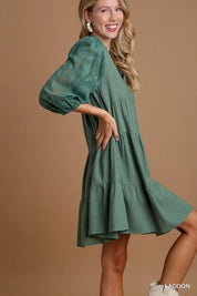 Umgee Floral Contrast Sleeve Tiered Dress | Daverri Fashions