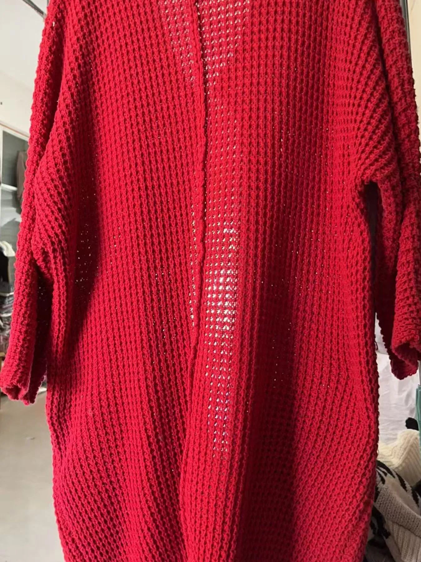 Rust-red Chunky Knit Open Front Cardigan with a textured waffle weave 
