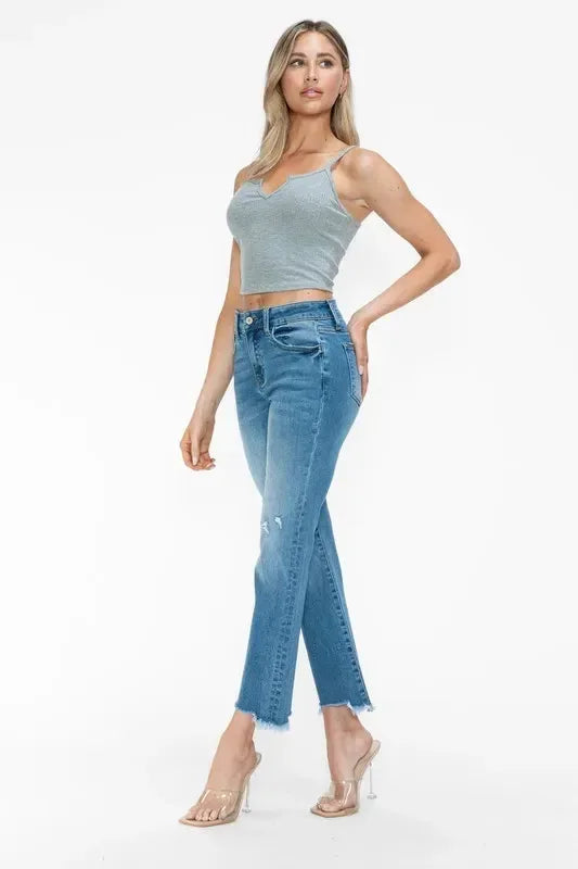 bytos Raw Hem Distressed Mid Rise Crop Jeans - DAVERRI FASHIONS