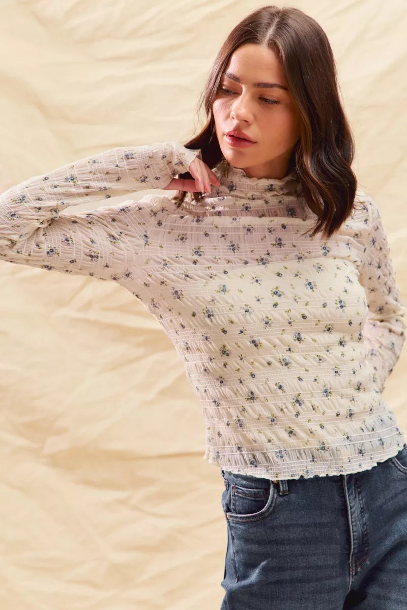 SO ME floral print textured long sleeve knit top in cream with black pattern