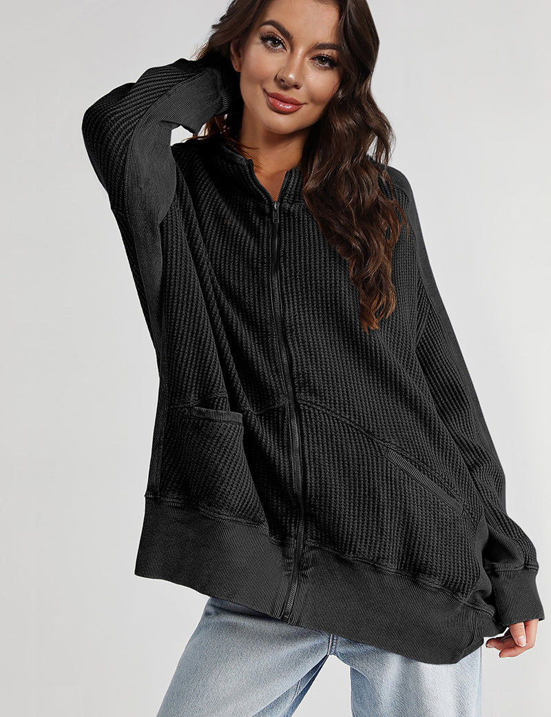 Black Zip-Up Long Sleeve Jacket | Jackets Daverri Fashions