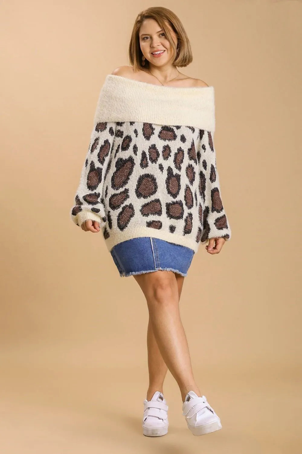Umgee Plus Size Leopard Off-Shoulder Long Sleeve Sweater | Sweaters Daverri Fashions