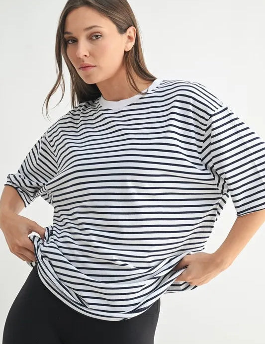 WHITE NAVY S MONO B Coastal Cotton Striped Oversized Crewneck T-Shirt | Daverri Fashions
