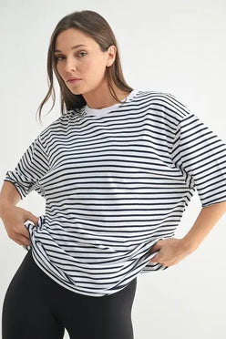 MONO B Coastal Cotton Striped Oversized Crewneck T-Shirt - DAVERRI FASHIONS