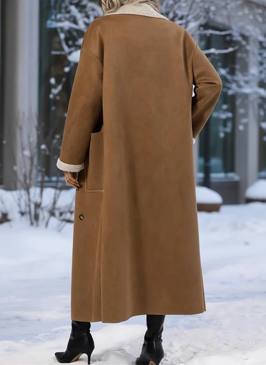 Plus size drop shoulder sherpa longline coat in camel wool with cream shearling