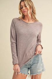 Aemi + Co Lettuce Hemline Round Neck Raglan Sleeve T-Shirt | Daverri Fashions