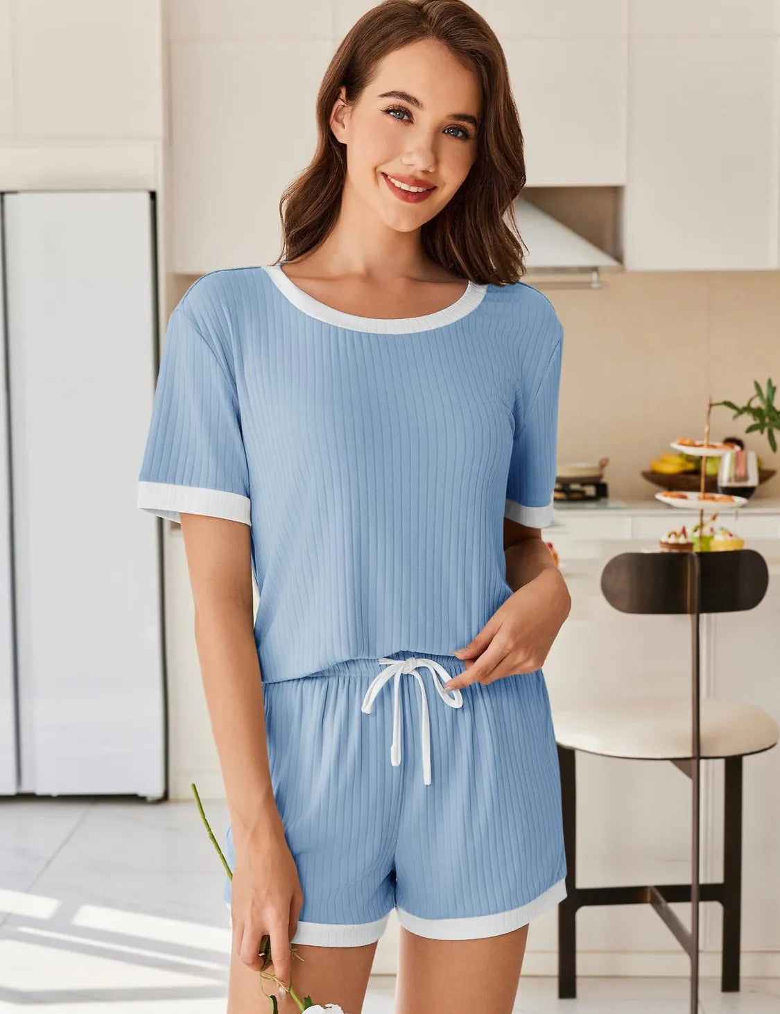 Daverri Fashions blue white striped pajama top shorts set