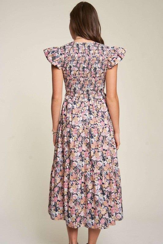 Vintage Garden Floral Flutter Smocking Midi Dress Midi Dresses