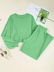 Drop Shoulder Puff Sleeve Crop Top and Drawstring Wide Leg Pants Set | Loungewear Sets Daverri Fashions